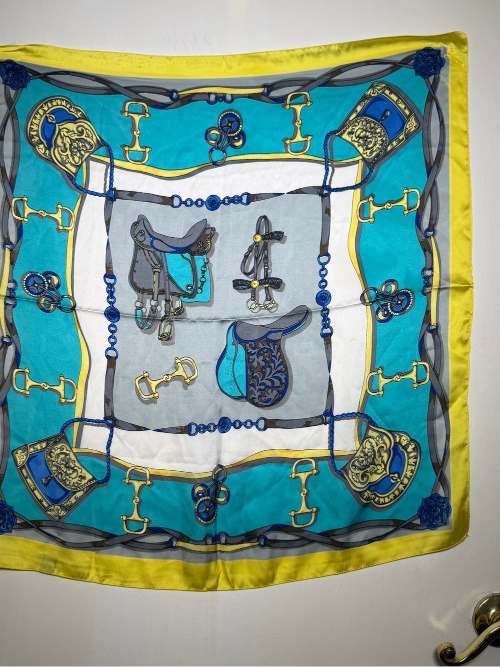 Flower Fairies Equestrian Print Silk Scarf in Teal, Yellow & Gray 28"x27"